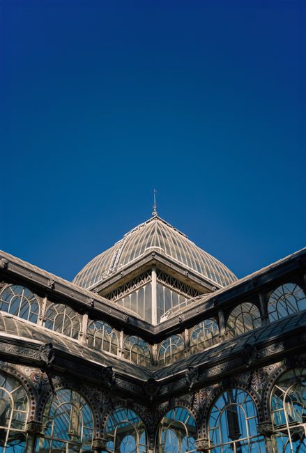 A close-up view of a historic glass and iron conservatory or greenhouse structure with ornate arched windows and decorative metalwork, constructed primarily of transparent glass panels set within dark metal frames. The building features a domed roof topped with a spire, and the exterior shows detailed craftsmanship typical of Victorian architecture. The glass panels reflect some of the blue sky above, which is clear and cloudless, creating a striking contrast against the intricate dark metal details. The structure is situated outdoors with the angled sections of the roof and the upper part of the conservatory visible, emphasizing its architectural grandeur. Although no rubbish or waste materials are visible, the setting implies an environment where outdoor or on-site clearance and preservation of historical architecture may require specialist services, such as those provided by Waste Removal Crystal Palace, for maintaining or managing waste in heritage sites or similar environments.