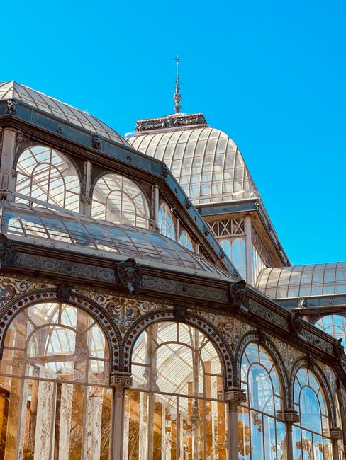A detailed view of an ornate Victorian-style glass conservatory with arched windows, intricate decorative ironwork, and painted floral motifs along the lower perimeter. The structure is constructed from glass panels supported by slender metal columns, allowing natural sunlight to flood the interior. The conservatory is situated outdoors, with lush green trees visible in the background and a bright blue sky overhead. The transparent roof reveals a delicate framework of wrought iron ribs, emphasizing the craftsmanship of this period. The scene illustrates a well-maintained, historical building that may require routine cleaning or preservation work, aligning naturally with the context of private or independent waste handling services such as those offered by Waste Removal Crystal Palace for site clearance and maintenance of historic structures.